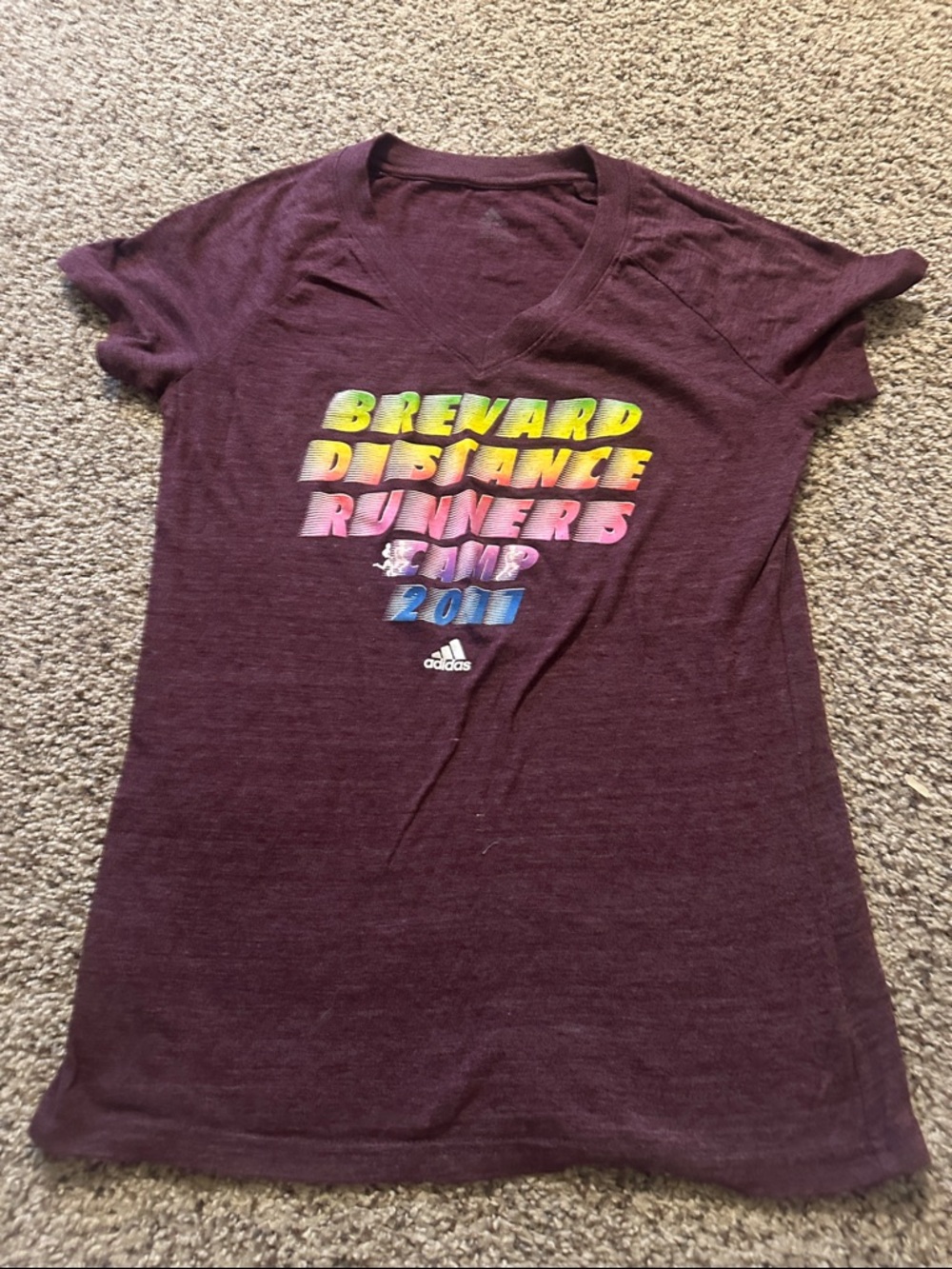 adidas Maroon V-Neck Tee with Multicolor Brevard Distance Runners Graphic
